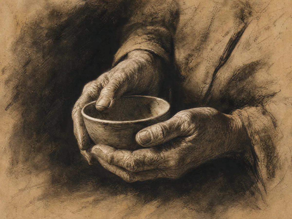 Charcoal AI art study of hands holding a ceramic bowl