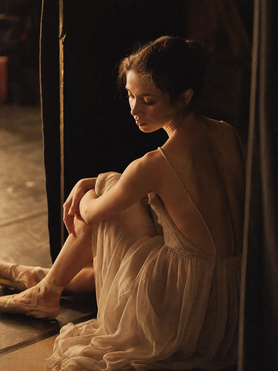 Analogue film AI image portrait of a backstage dancer
