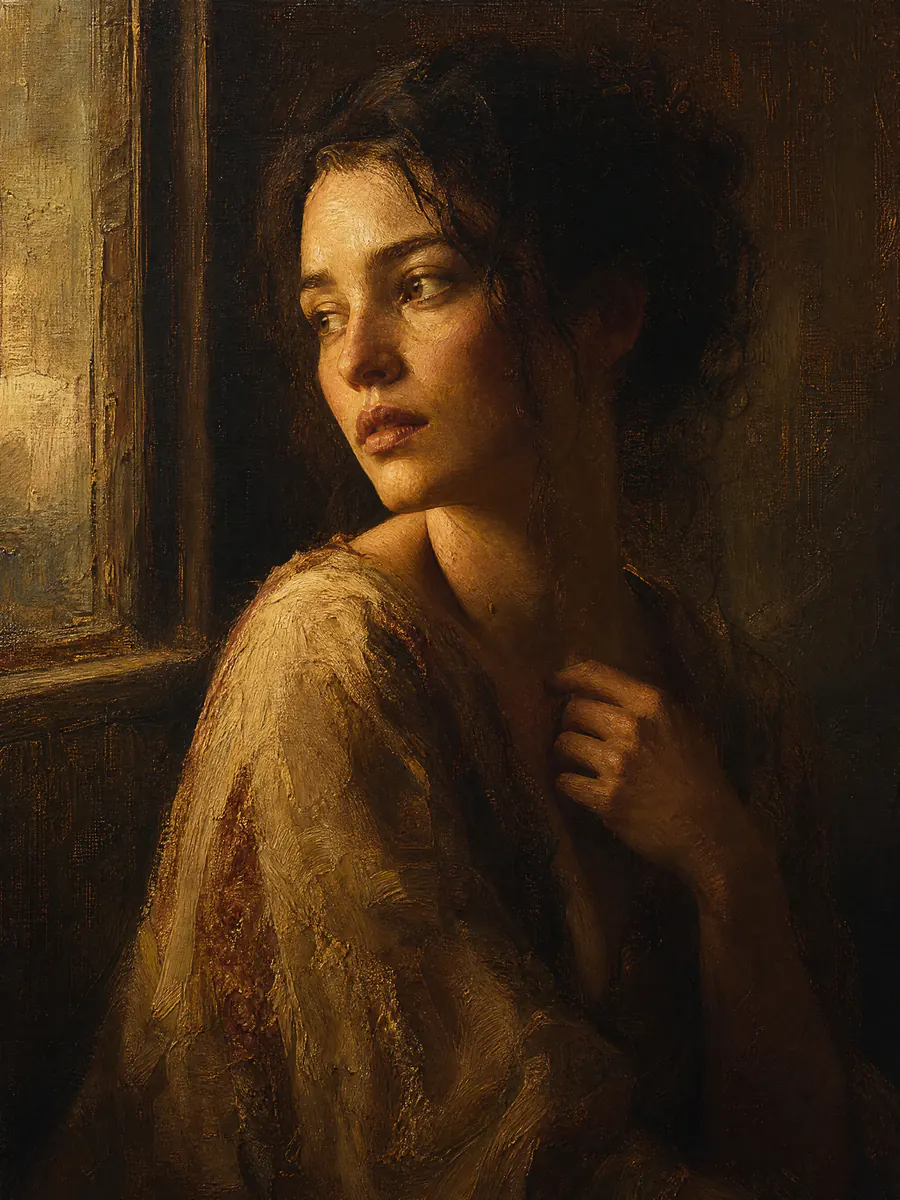 Expressive oil portrait AI image under warm side light