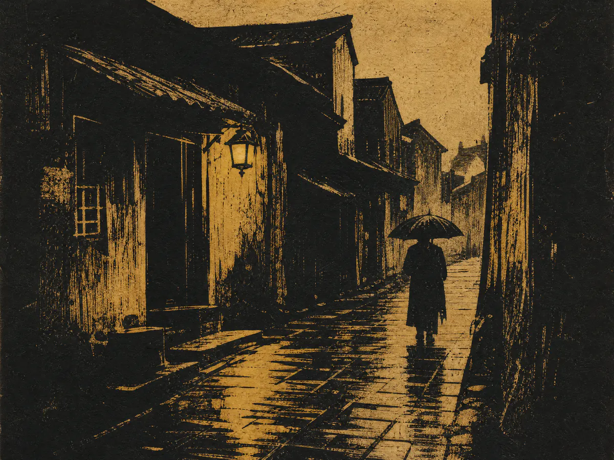 Woodcut style AI image of a city street with a lone umbrella