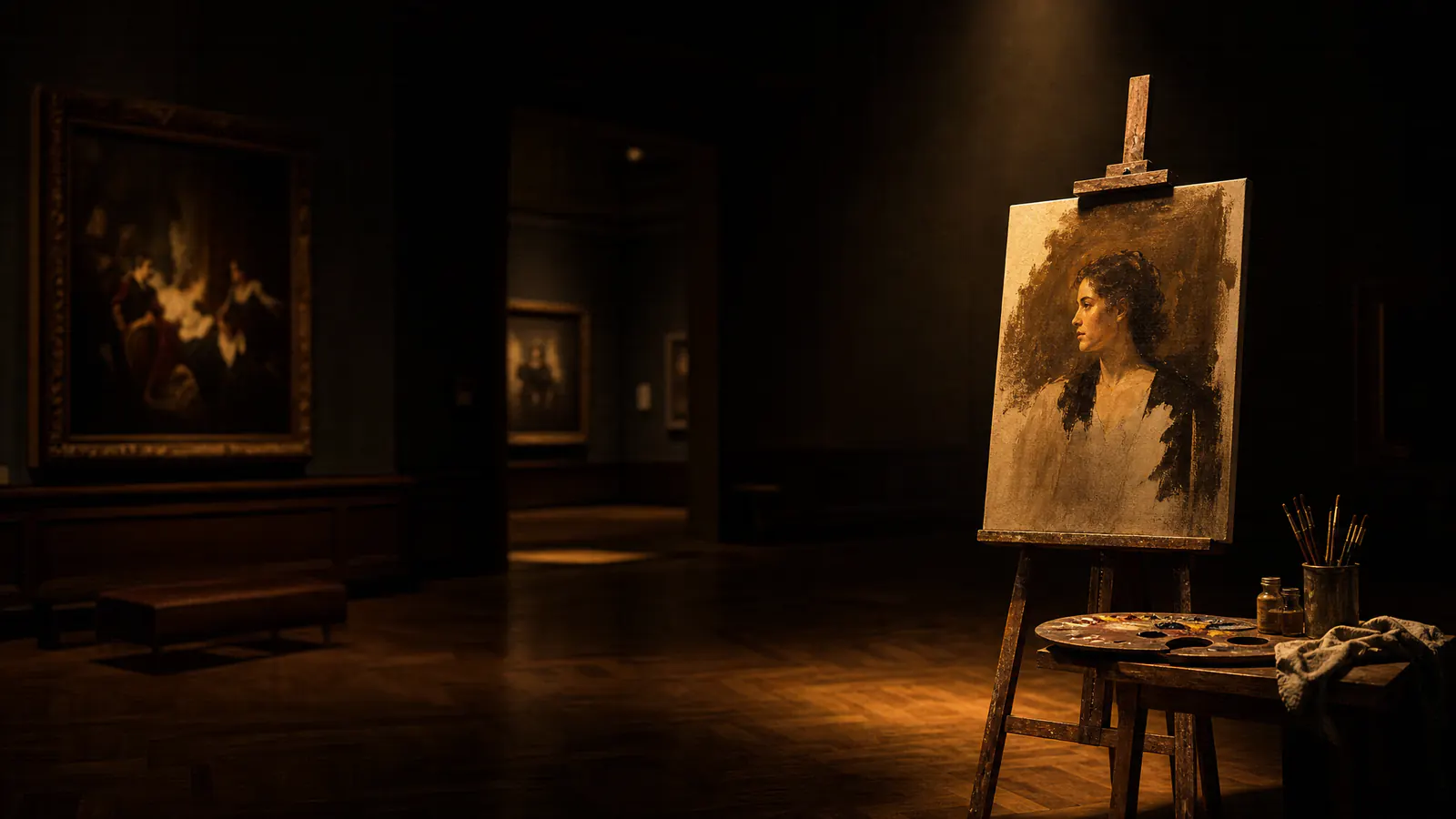 AI art portrait on a canvas lit inside a dark studio, made with an AI image generator